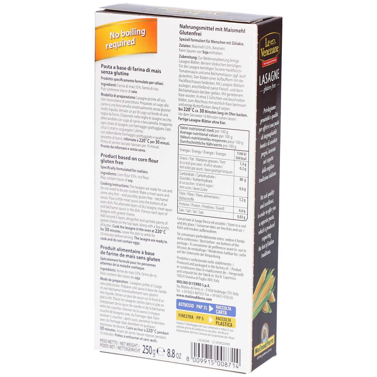 Dos de la boîte de lasagnes Le Veneziane sans gluten. Contient des informations nutritionnelles et des instructions de préparation. 250g, sans gluten.