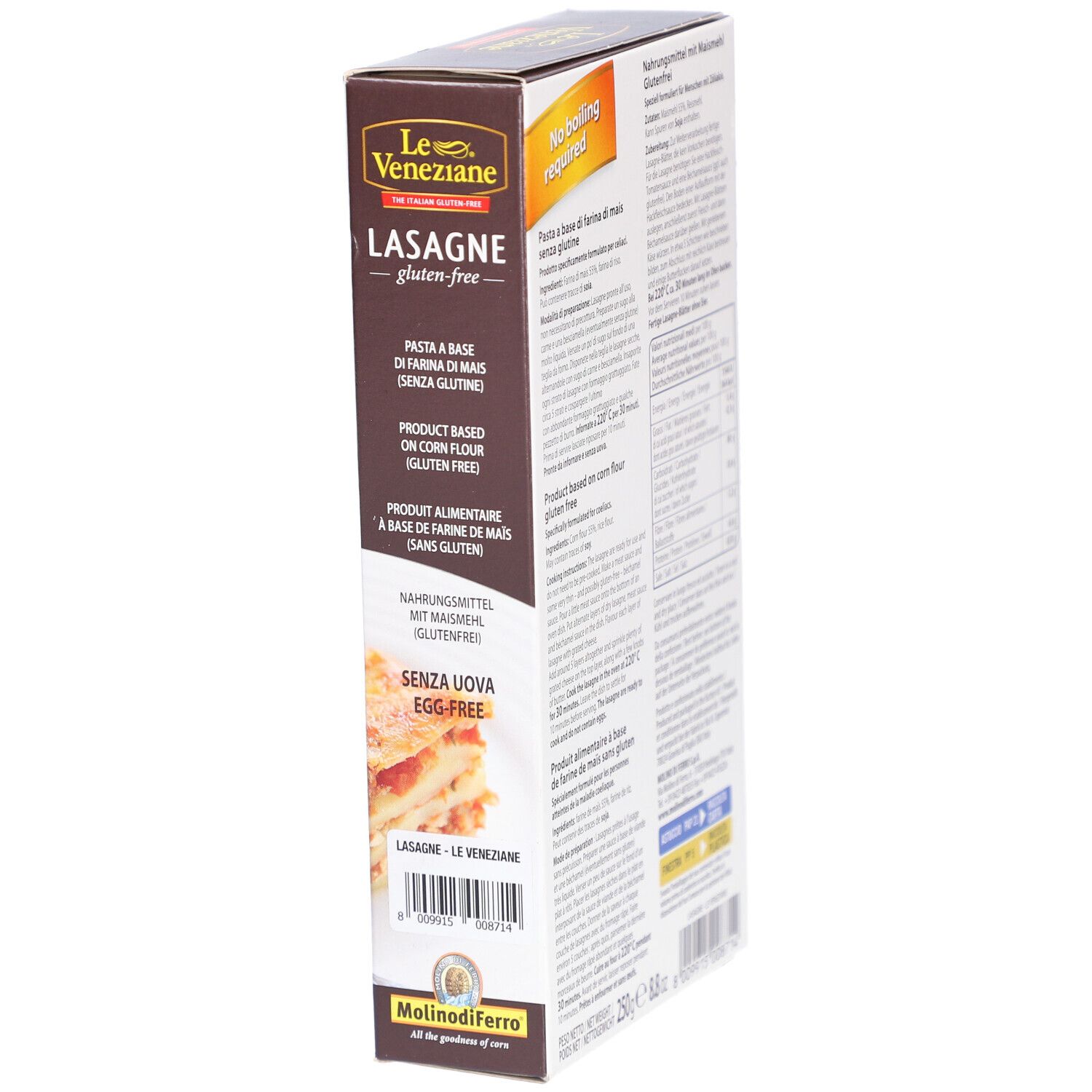 Boîte de lasagnes Le Veneziane sans gluten. Présente les informations sur le produit et les instructions de préparation. Sans gluten, sans œufs. Maïs.