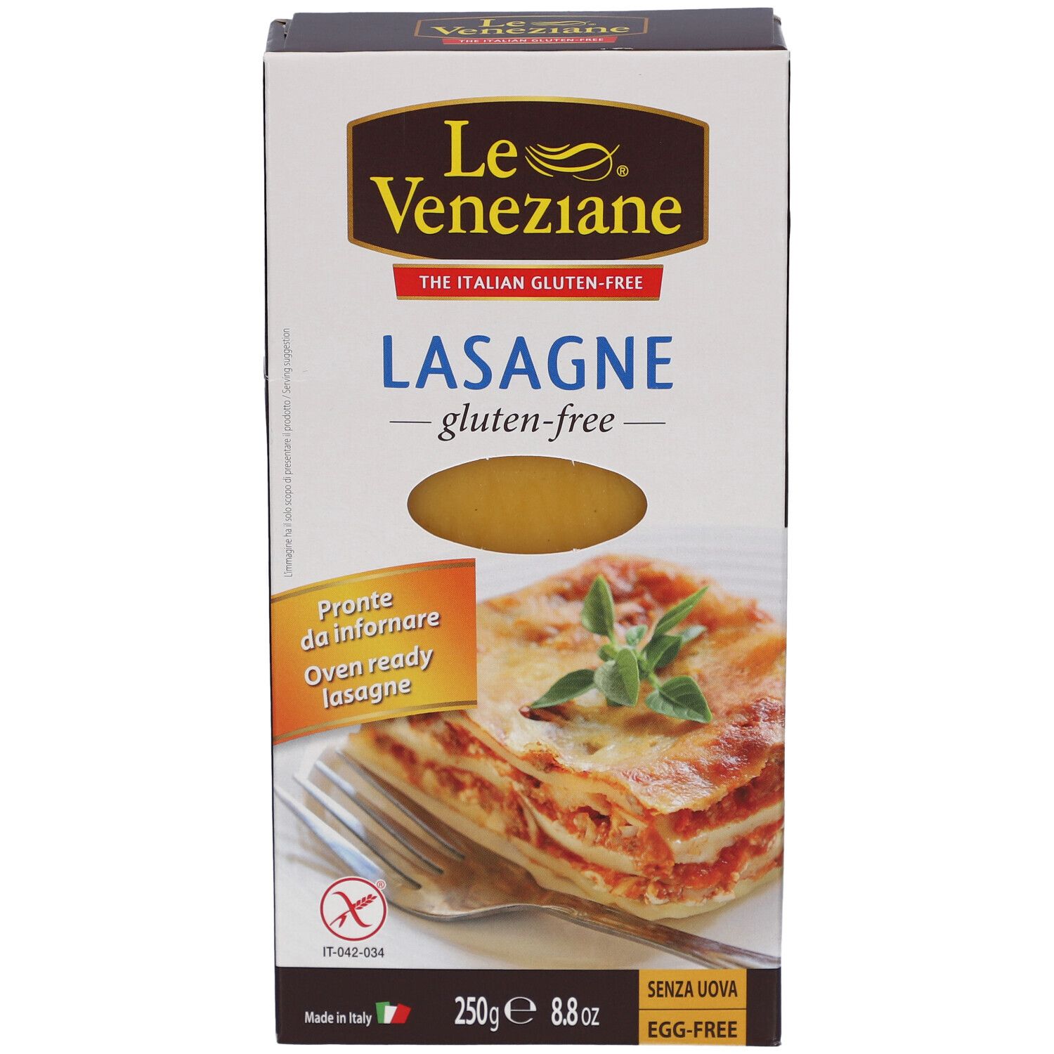 Boîte de lasagnes Le Veneziane sans gluten. Présente le plat de lasagnes et les informations sur le produit. 250g, sans gluten, sans œufs.