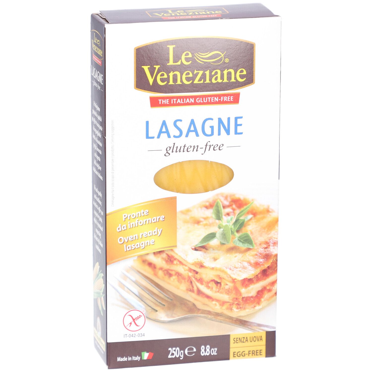 Boîte de lasagnes Le Veneziane sans gluten. Présente le plat de lasagnes et les informations sur le produit. 250g, sans gluten, sans œufs.