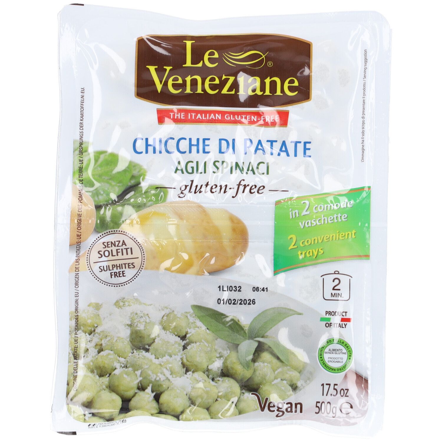 Verpackung Le Veneziane Gnocchi mit Spinat glutenfrei. Sichtbar: Logo, Produktname, Zutaten, Zertifizierungen.