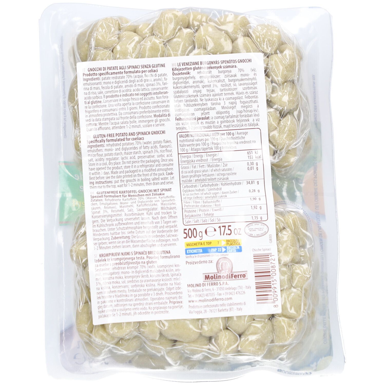 Rückseite der Verpackung Le Veneziane Gnocchi mit Spinat glutenfrei. Text, Nährwertangaben, Barcode, Produkt.