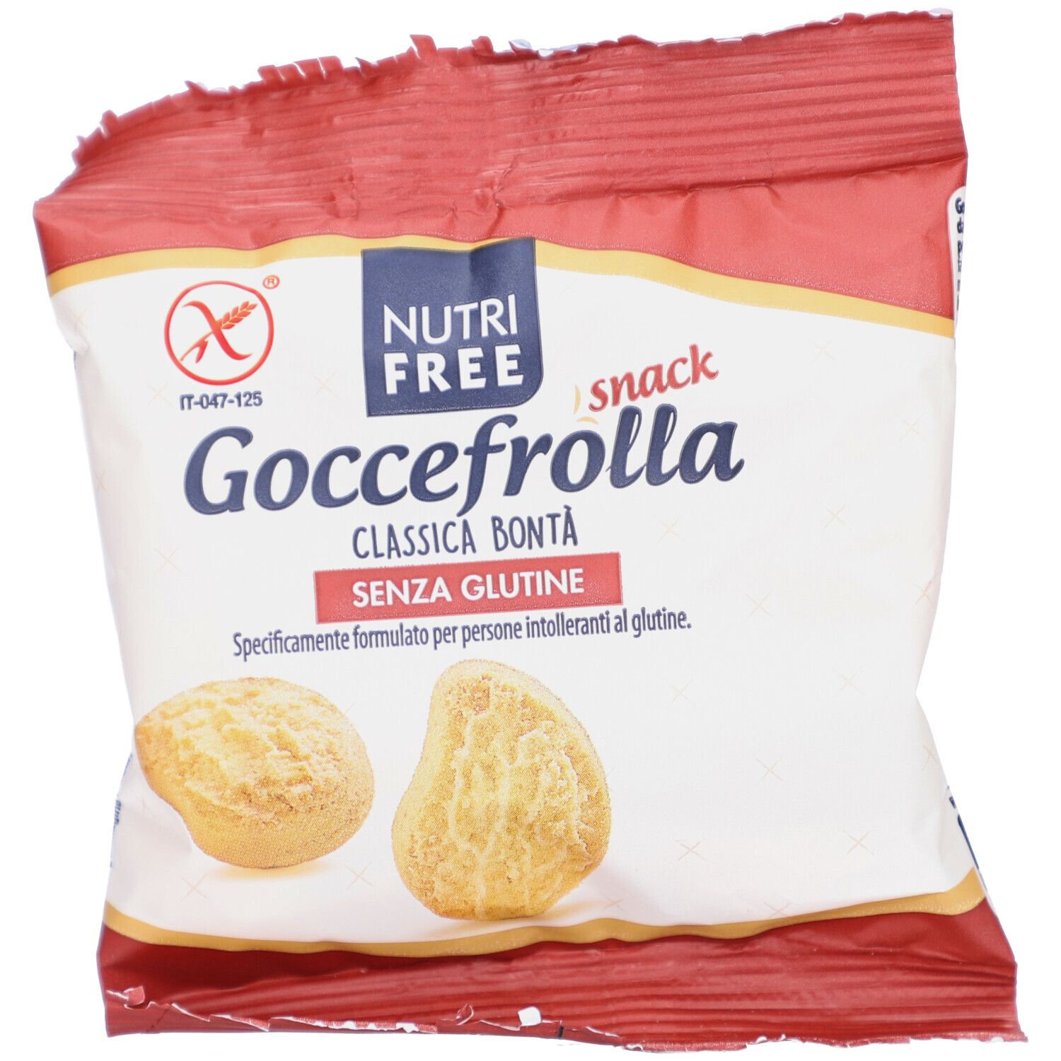 Verpackung von glutenfreien Gocciolotti-Snacks. Rote und weiße Verpackung mit Produktnamen und Logo. Zwei Kekse abgebildet.
