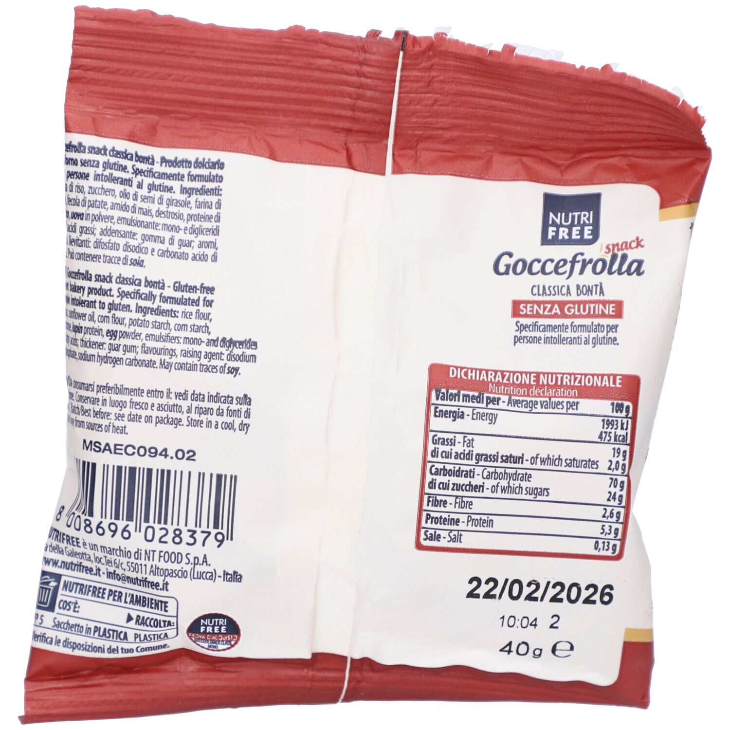 Rückseite der Gocciolotti-Snack-Verpackung. Enthält Nährwertangaben, Mindesthaltbarkeitsdatum und Logo. Rote und weiße Verpackung.