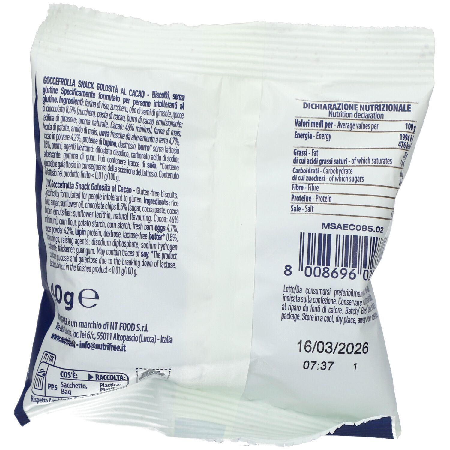 Rückseite der Verpackung. Text mit Nährwertangaben und Zutaten. Barcode und Mindesthaltbarkeitsdatum.