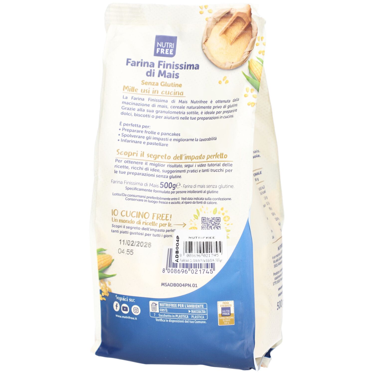 Dos du paquet de farine de maïs sans gluten NUTRIFREE. Texte : Farina Finissima di Mais, Senza Glutine. Ingrédients, instructions et code QR.