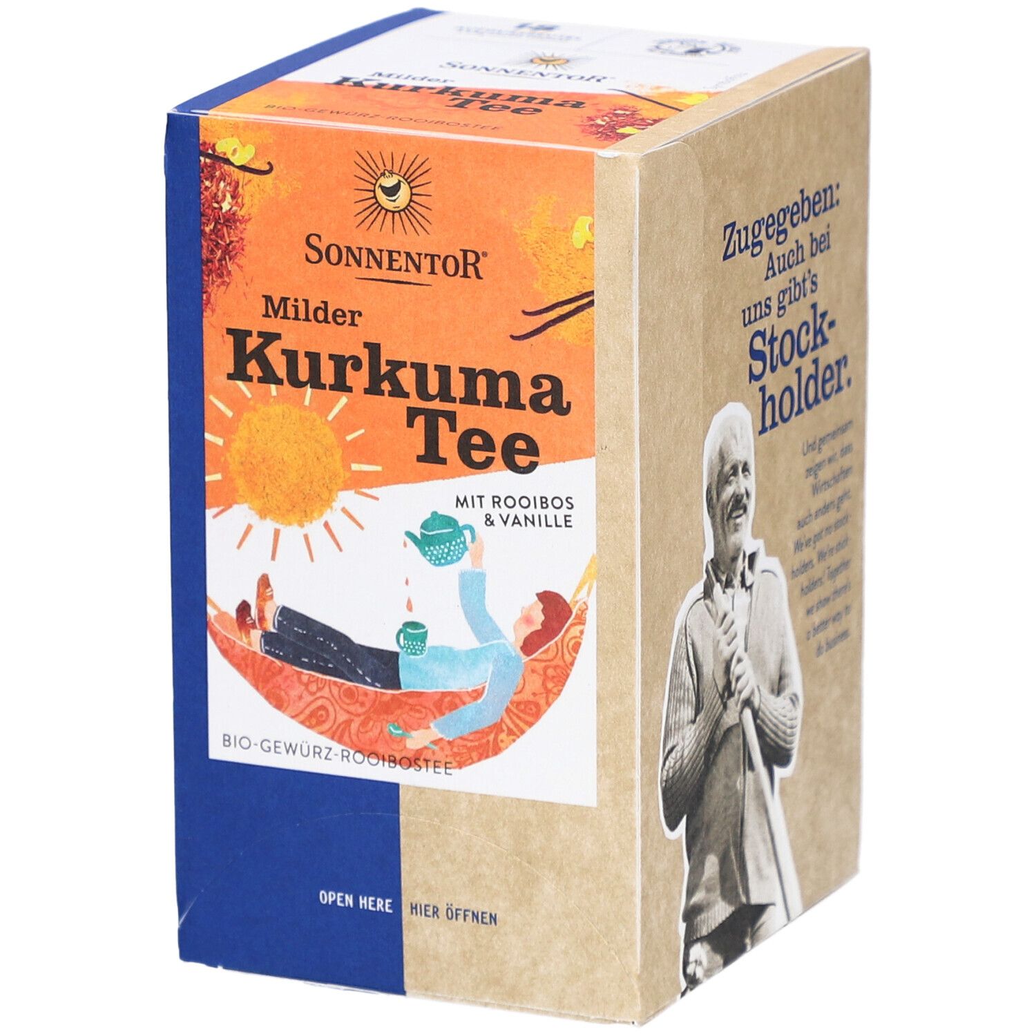 Boîte avec impression. Inscription : Milder Kurkuma Tee mit Rooibos & Vanille. Bio-Gewürz-Rooibostee. Personne dans un hamac.
