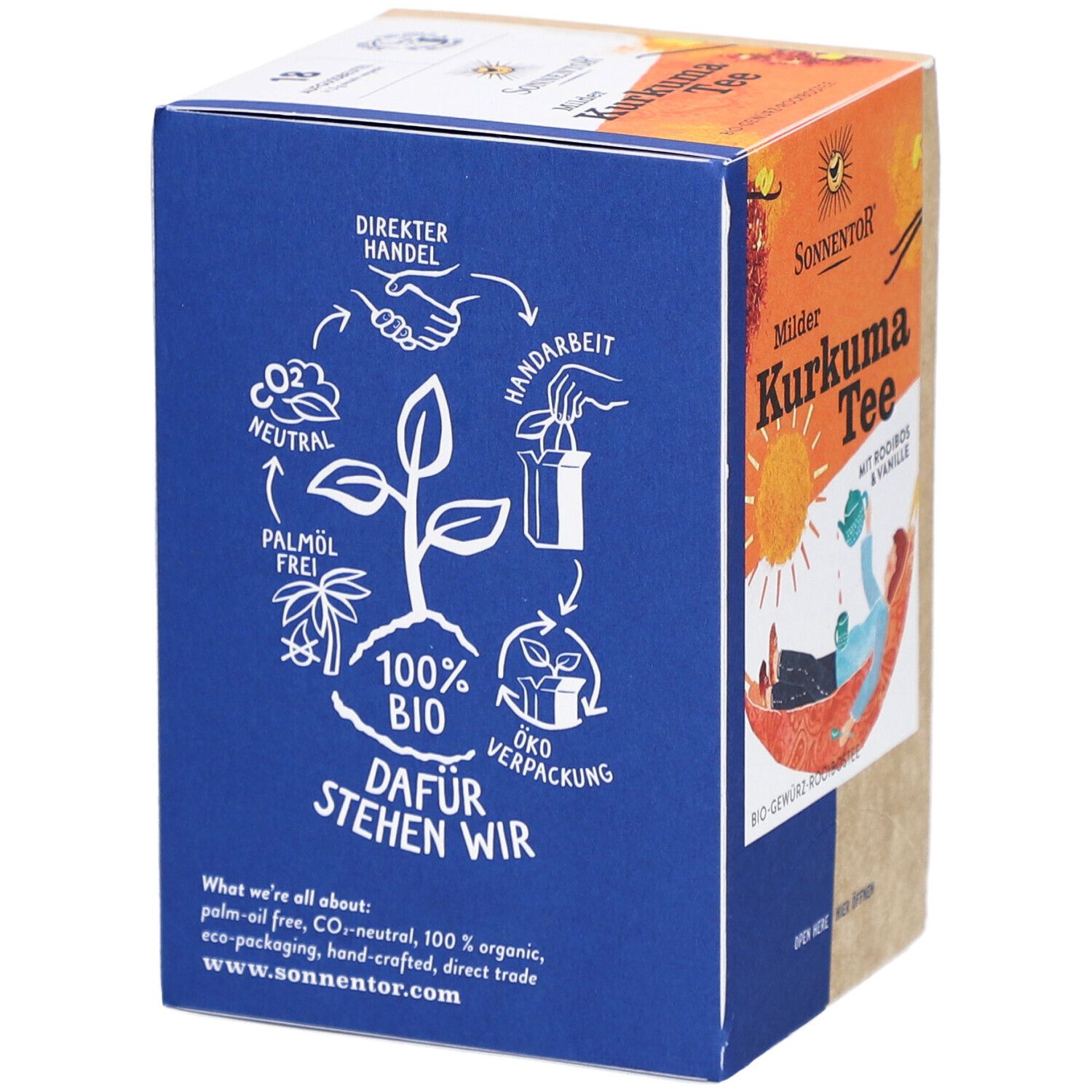 Côté bleu de l'emballage. Illustrations : commerce direct, artisanat, neutre en CO2, sans huile de palme, 100% bio, emballage écologique. Texte : C'est ce que nous représentons.