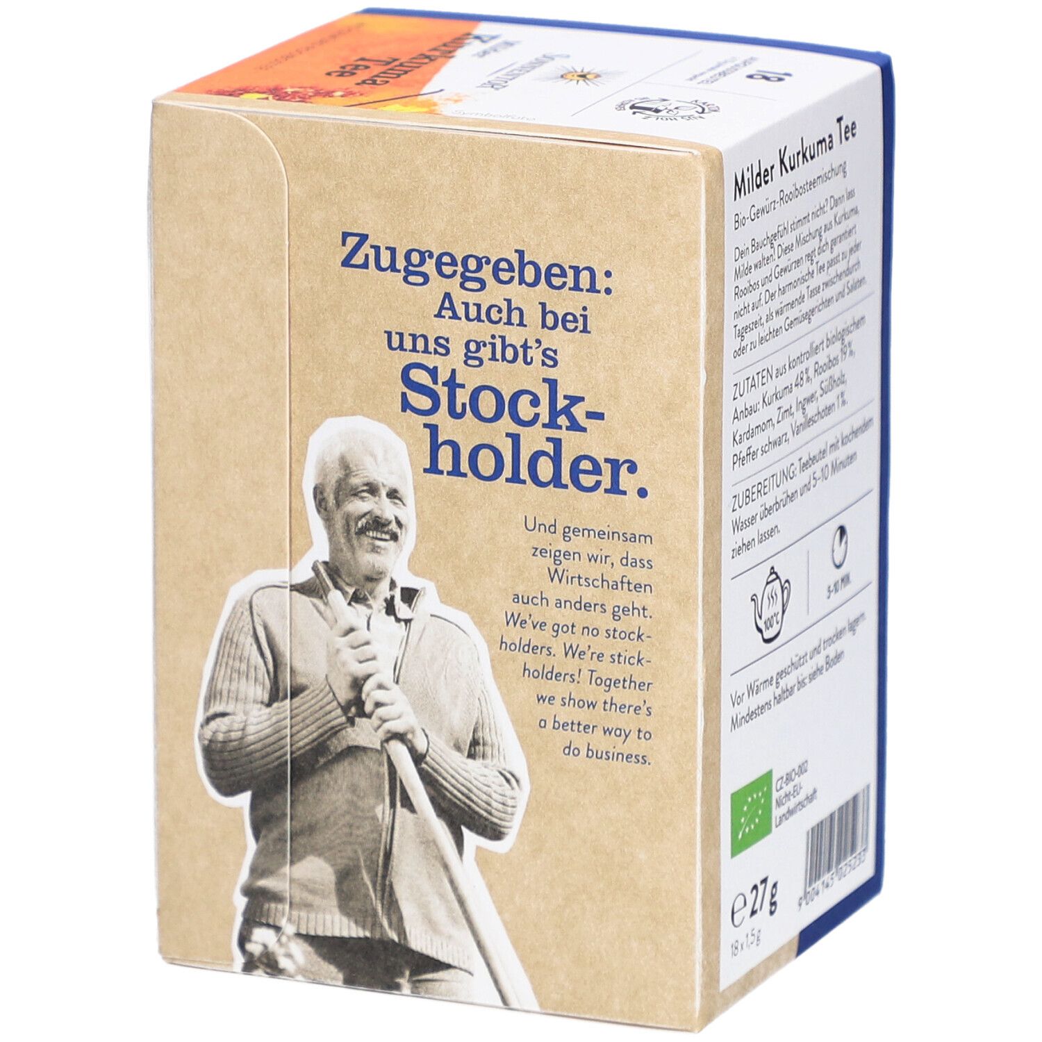 Côté de l'emballage. Texte : Avouons-le : chez nous aussi, il y a des actionnaires. Image : homme avec une bêche. Texte : Nous montrons qu'une autre économie est possible.