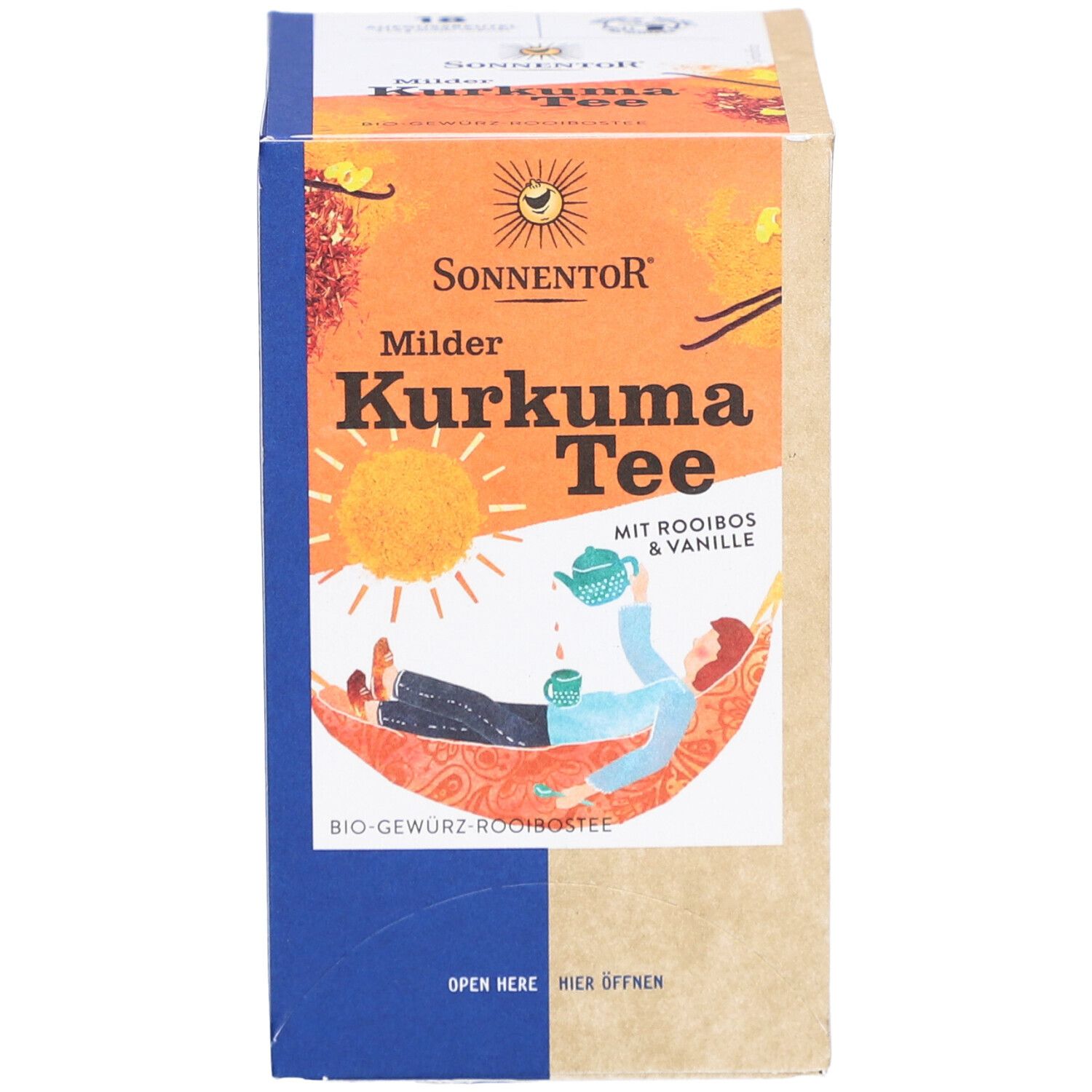Emballage avec impression. Inscription : Milder Kurkuma Tee mit Rooibos & Vanille. Bio-Gewürz-Rooibostee. Personne dans un hamac. Logo Sonnentor.
