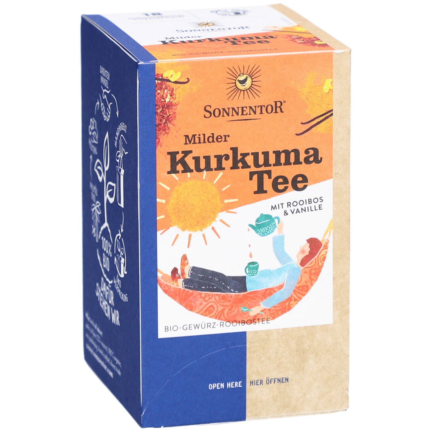 Emballage. Inscription : Milder Kurkuma Tee mit Rooibos & Vanille. Logo Sonnentor. Personne dans un hamac. Bio-Gewürz-Rooibostee.