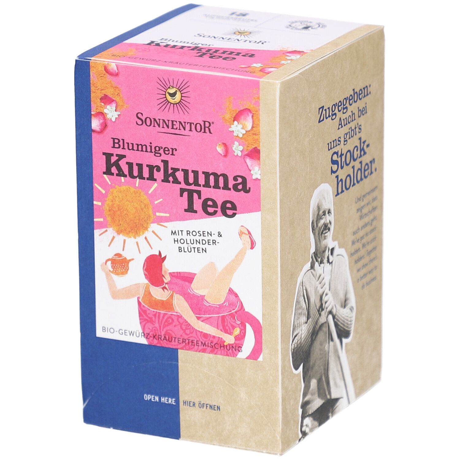 Boîte Sonnentor Blumiger Kurkuma Tee, design rose-jaune, femme dans tasse. Inscription: Bio-Gewürz-Kräutermischung.