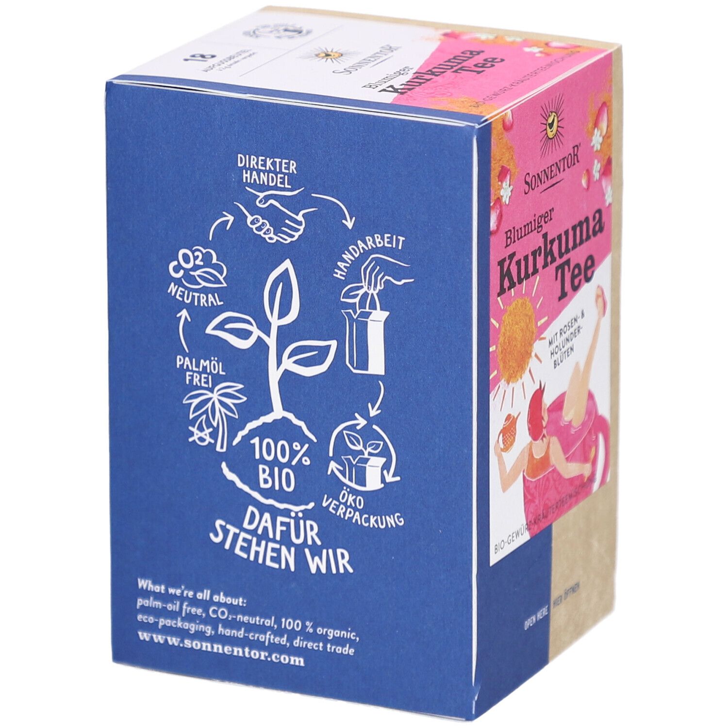 Côté bleu de la boîte de thé avec logos et textes: 100% Bio, sans huile de palme, neutre en CO2, commerce direct, fait à la main, emballage écologique.