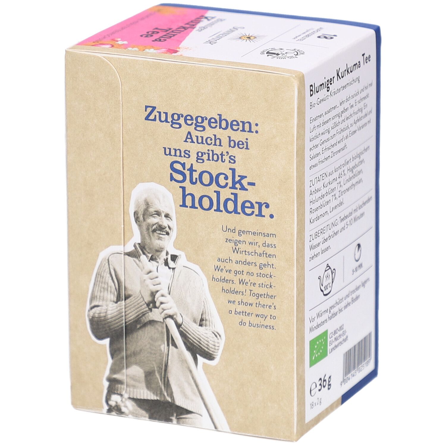 Boîte de thé avec texte et image d'un homme. Inscription: Zugestanden: Auch bei uns gibt's Stock-holder.