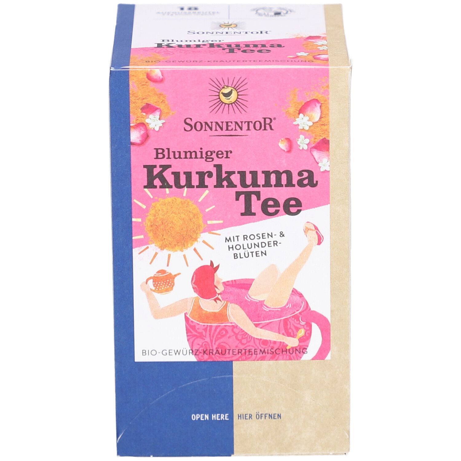 Boîte Sonnentor Blumiger Kurkuma Tee, design rose-jaune, femme dans tasse. Inscription: Bio-Gewürz-Kräutermischung.