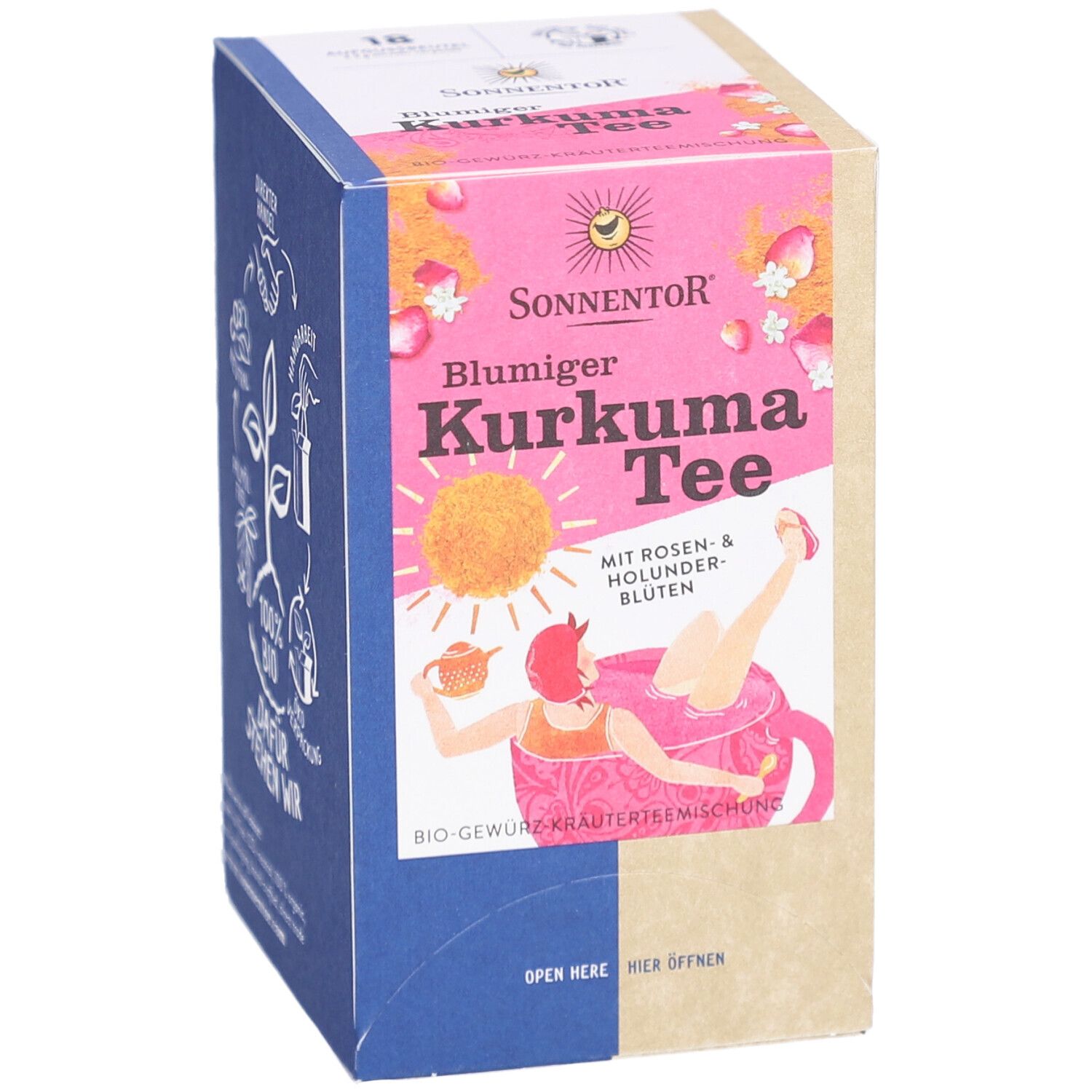 Boîte Sonnentor Blumiger Kurkuma Tee, design rose-jaune, femme dans tasse. Inscription: Bio-Gewürz-Kräutermischung.