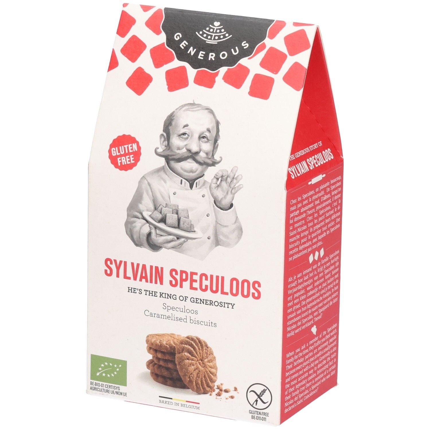 Boîte de "Generous Sylvain Speculoos glutenfrei". Illustration d'un chef. Inscription "sans gluten". Tas de biscuits.
