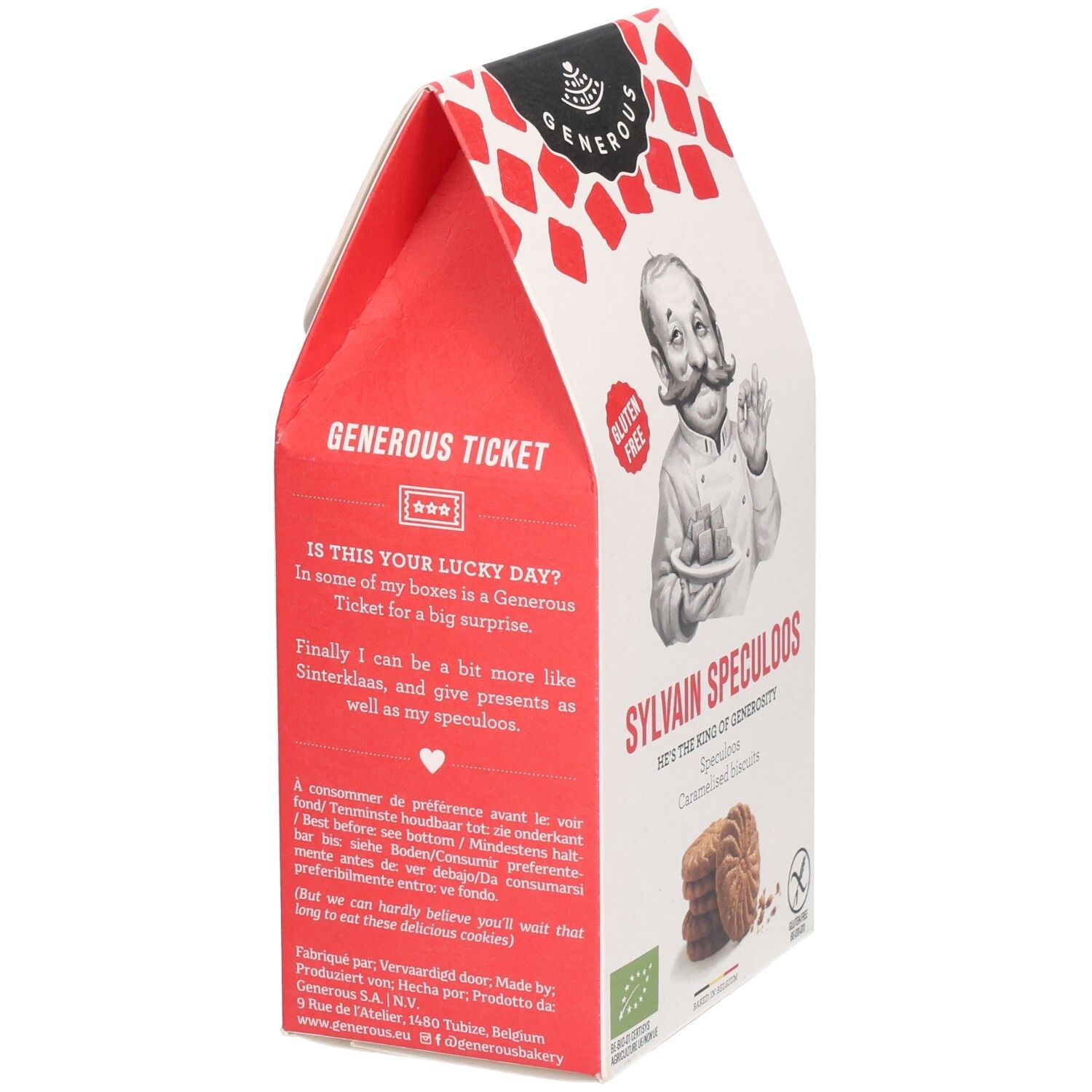Vue latérale de l'emballage "Generous Sylvain Speculoos glutenfrei". Texte : "Generous Ticket". Illustration d'un chef.