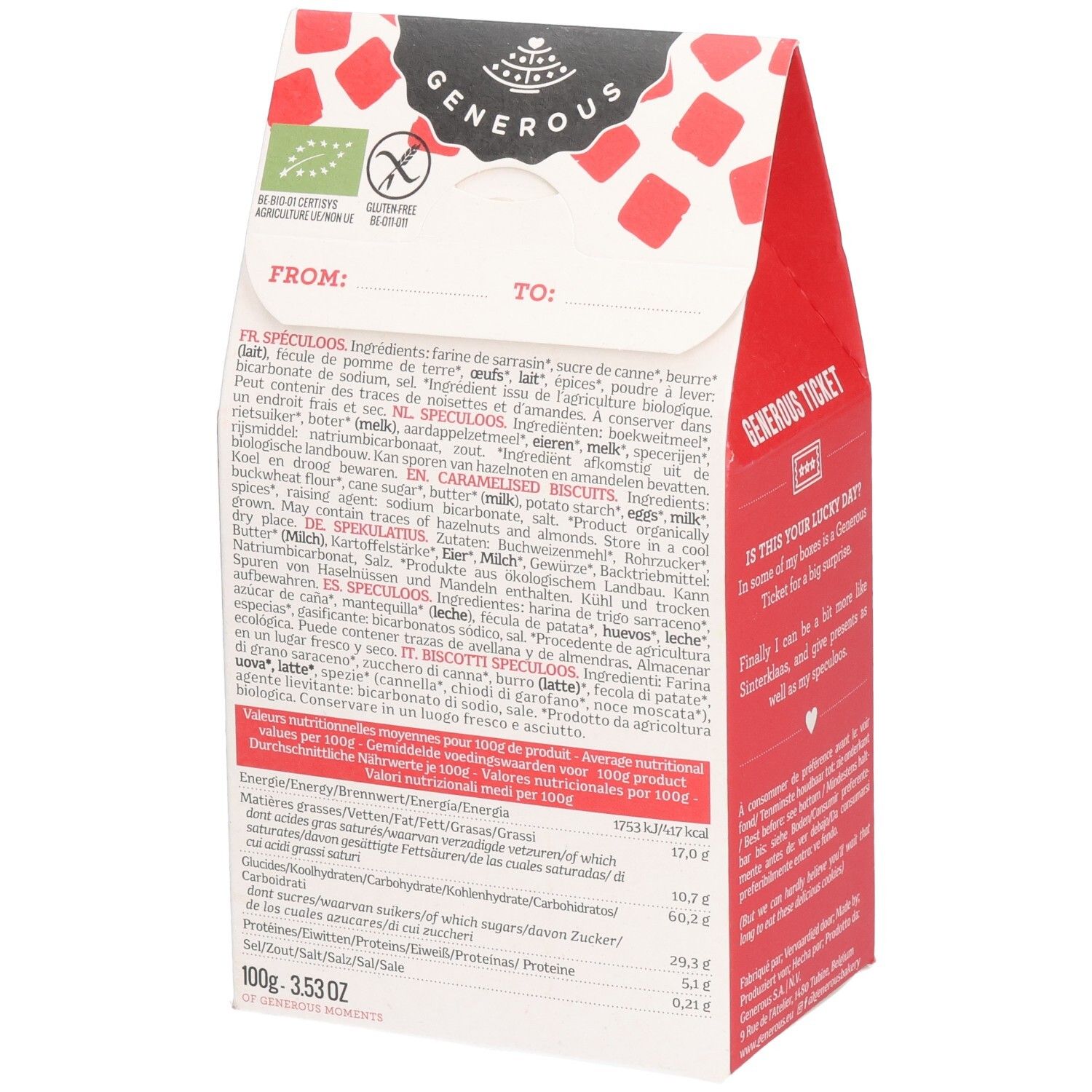Dos de l'emballage "Generous Sylvain Speculoos glutenfrei". Liste des ingrédients, informations nutritionnelles. Texte : "100g - 3.53oz".