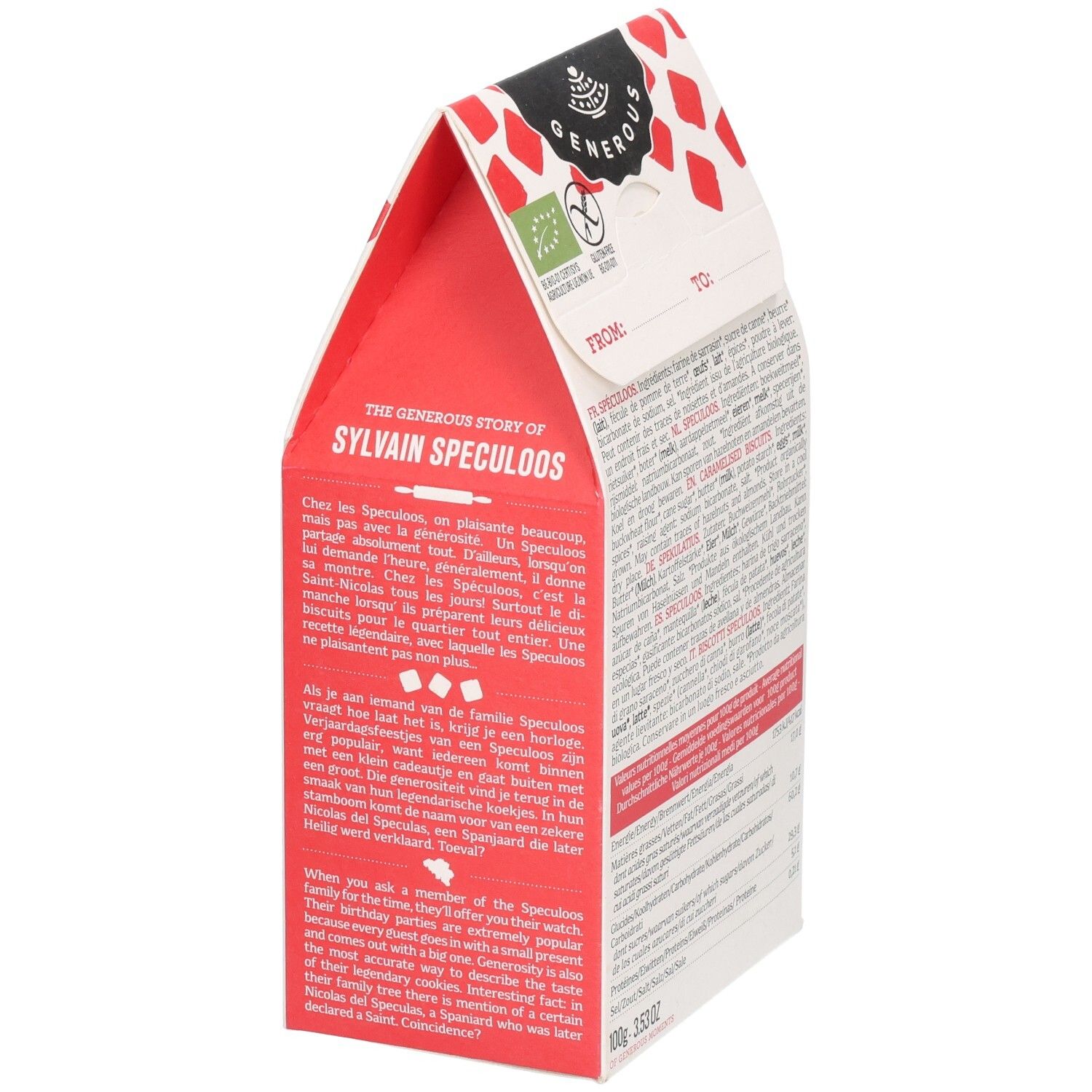 Emballage "Generous Sylvain Speculoos glutenfrei". Texte sur les biscuits. Texte : "The Generous Story of Sylvain Speculoos".