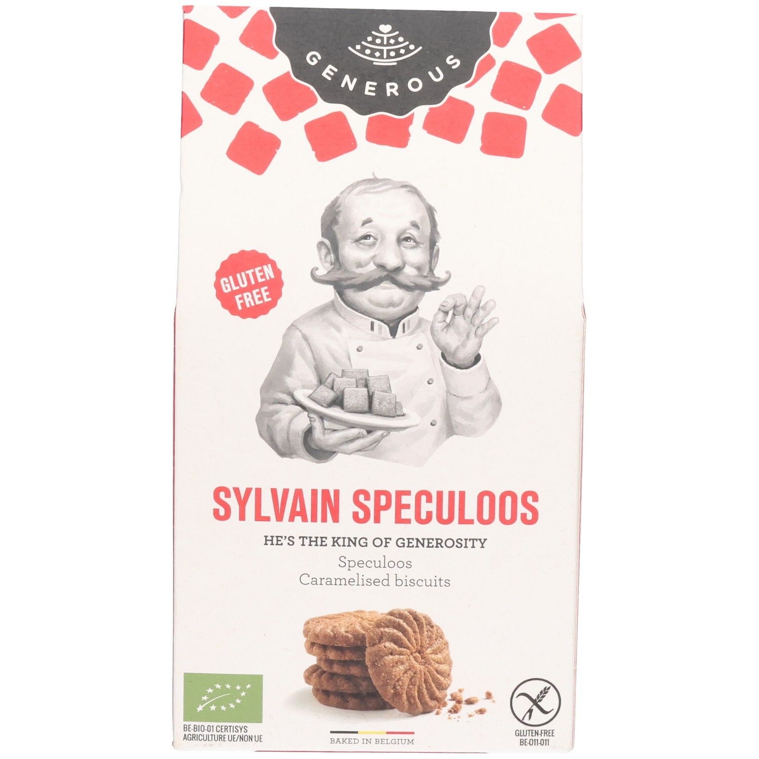 Face avant de l'emballage "Generous Sylvain Speculoos glutenfrei". Illustration d'un chef. Inscription "sans gluten". Tas de biscuits.