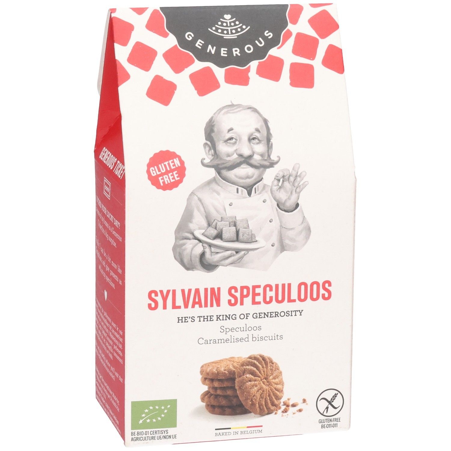 Emballage "Generous Sylvain Speculoos glutenfrei". Illustration d'un chef. Inscription "sans gluten". Tas de biscuits.