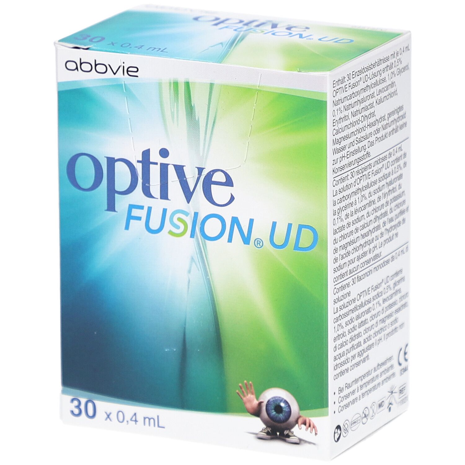 Boîte "optive FUSION.UD". Contient 30 unidoses de 0,4 ml. Marque Abbvie. Logo et texte en bleu et vert.