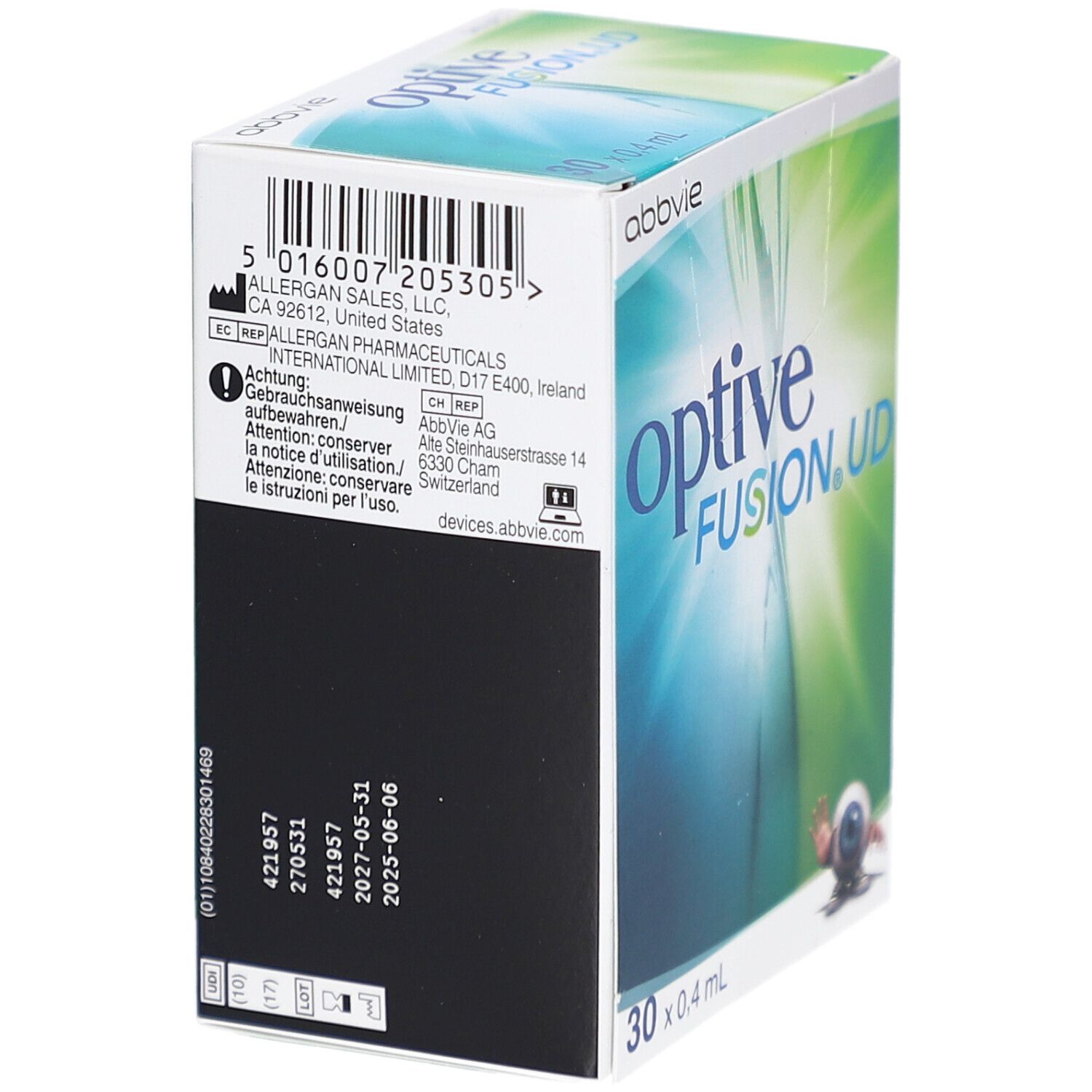 Dos de la boîte. Informations: adresse, numéro de lot, date d'expiration. Marque Abbvie.