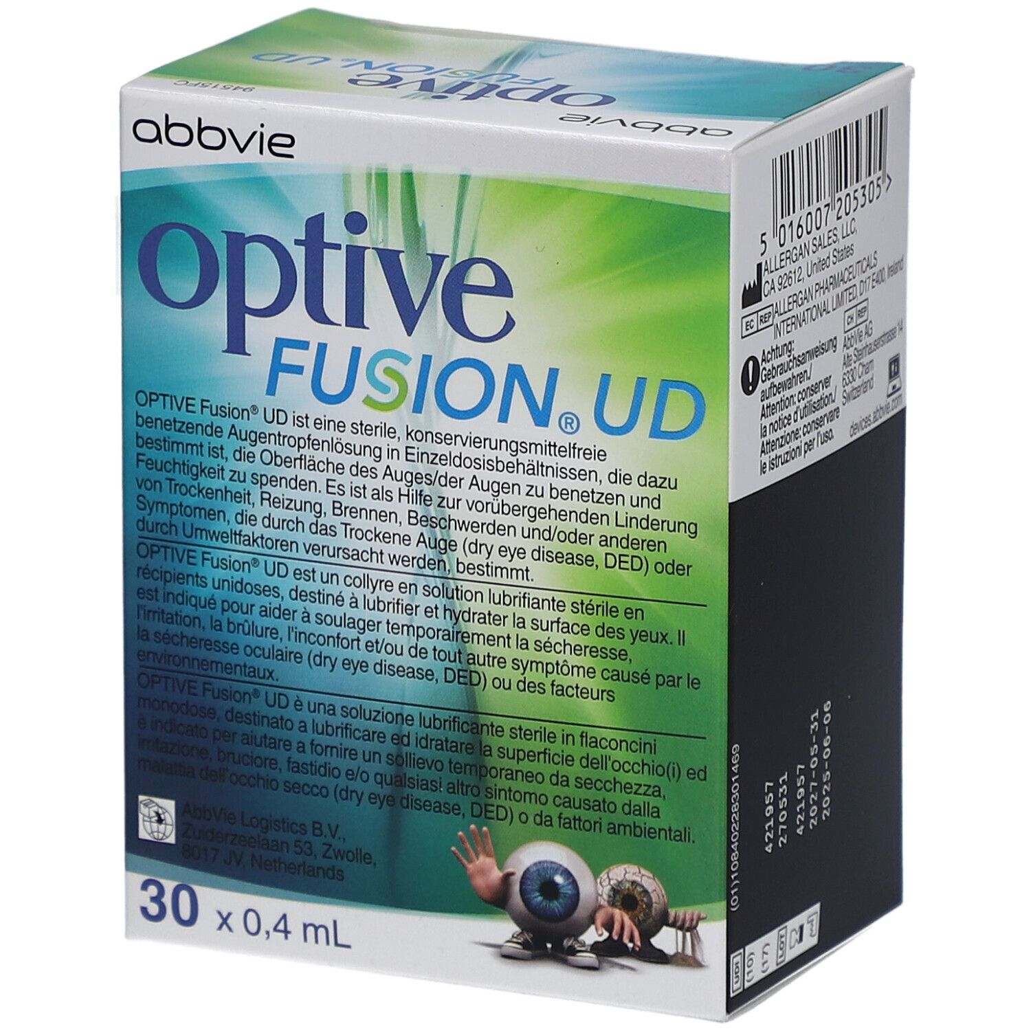 Boîte avec texte descriptif. Informations sur le produit. Marque Abbvie. Logo: optive FUSION.UD. 30 x 0,4 ml.