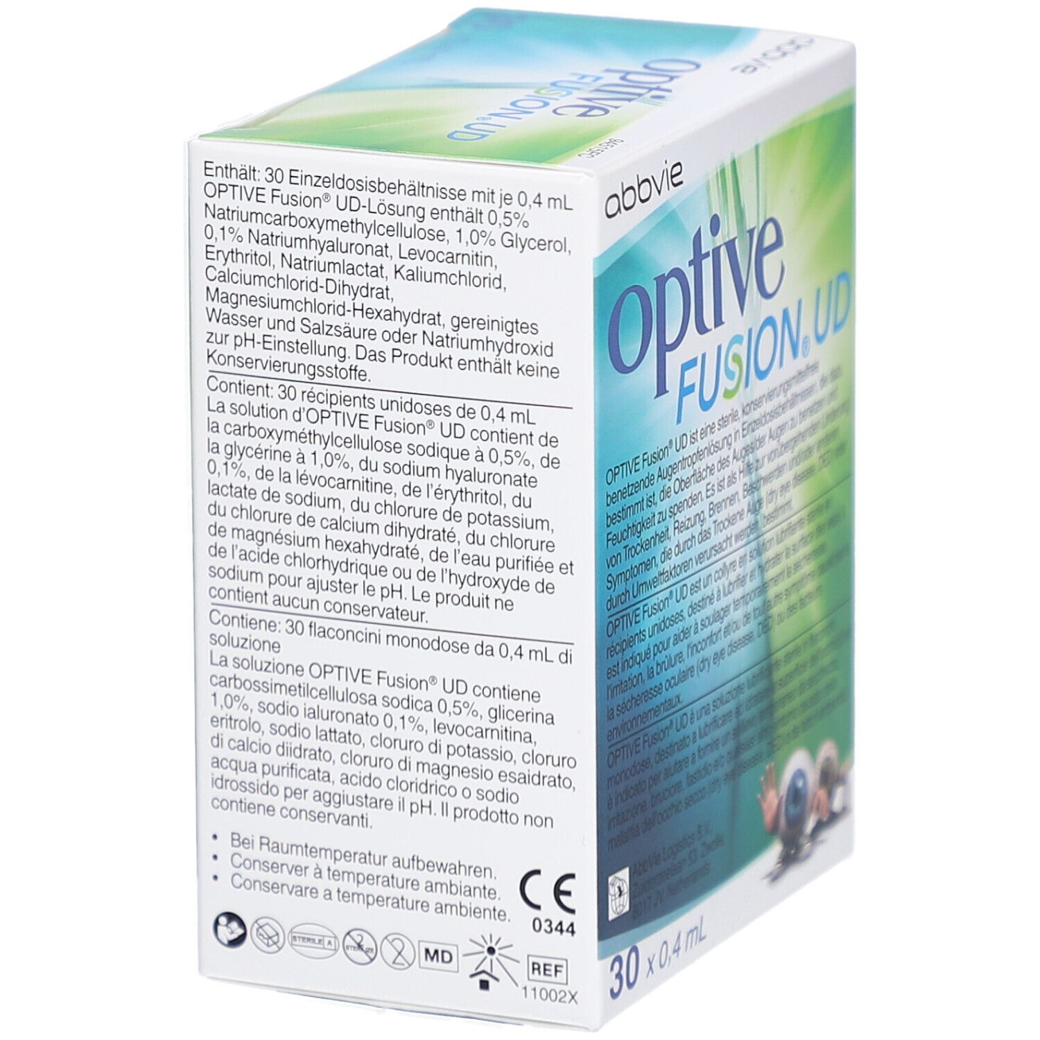 Boîte avec liste des ingrédients. Contient 30 unidoses. Marque Abbvie. Logo: optive FUSION.UD. 30 x 0,4 ml.