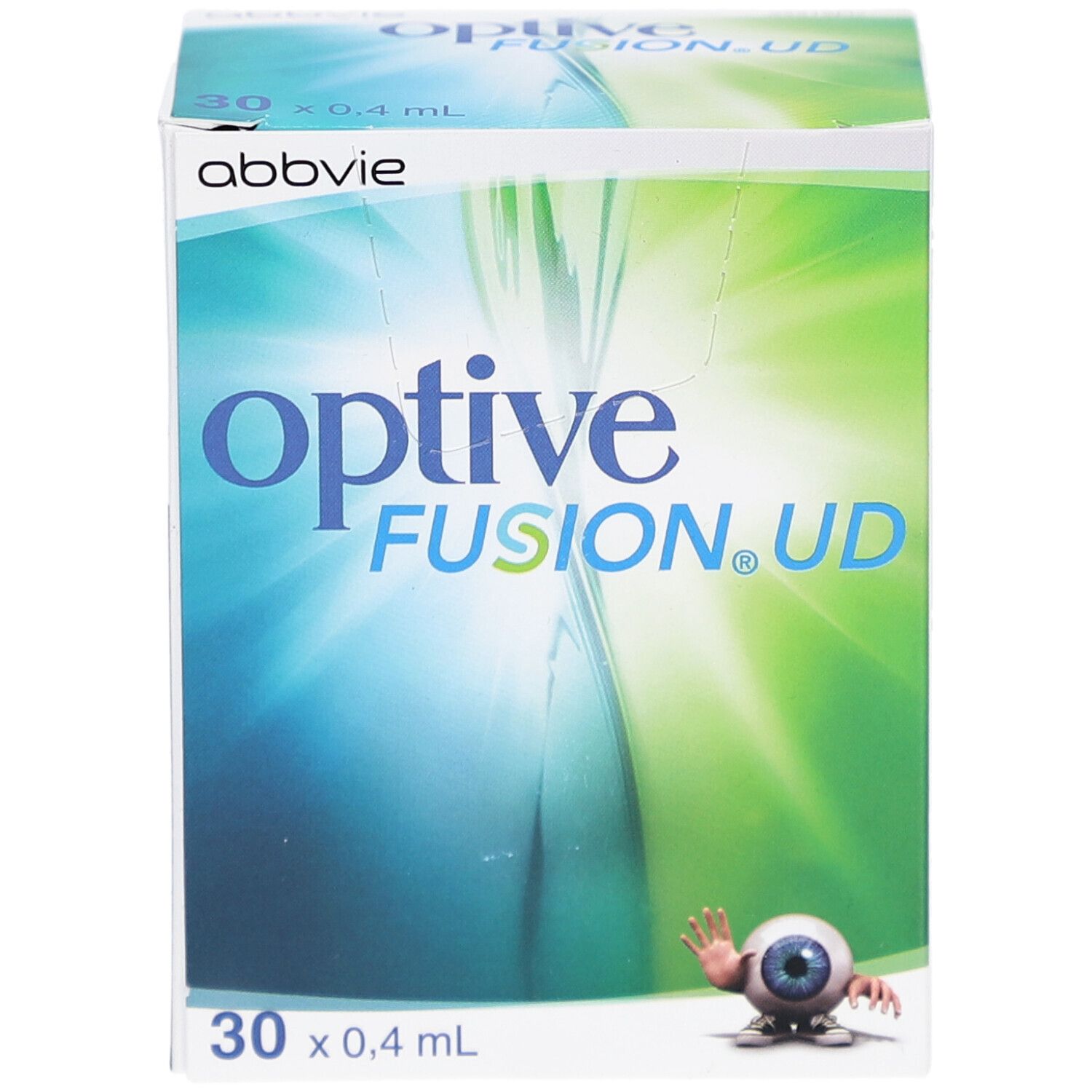 Boîte avec logo "optive FUSION.UD". Marque Abbvie. Contient 30 unidoses. Impression: 0,4 ml.