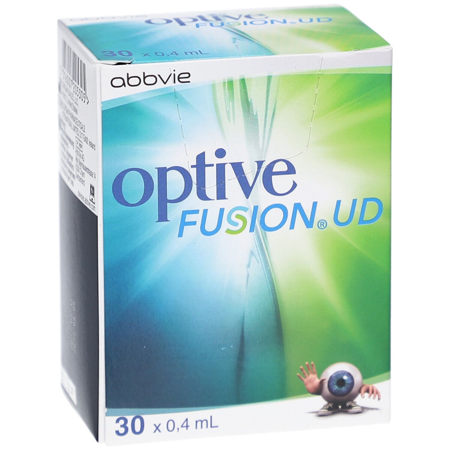 Boîte avec logo "optive FUSION.UD". Marque Abbvie. Contient 30 unidoses. Impression: 0,4 ml.