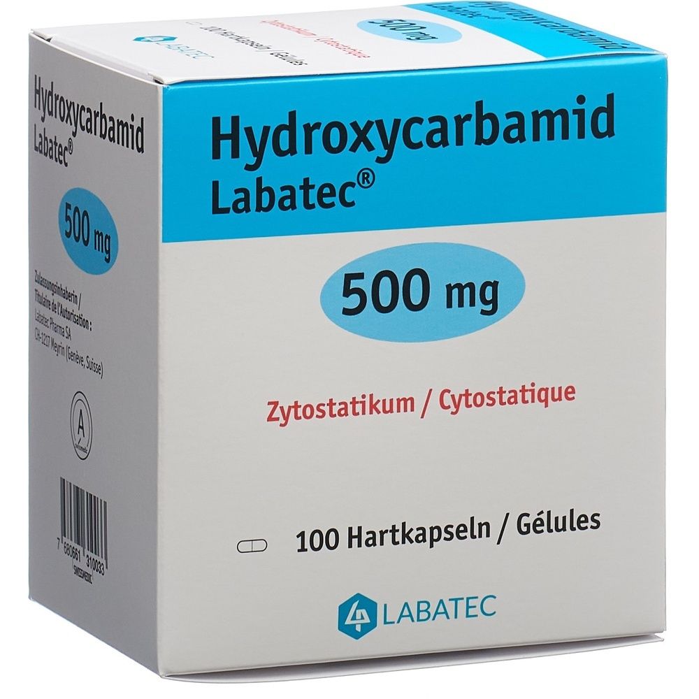 Karton mit blauer und weißer Beschriftung. Oben steht "Hydroxycarbamid Labatec". Darunter "500 mg".