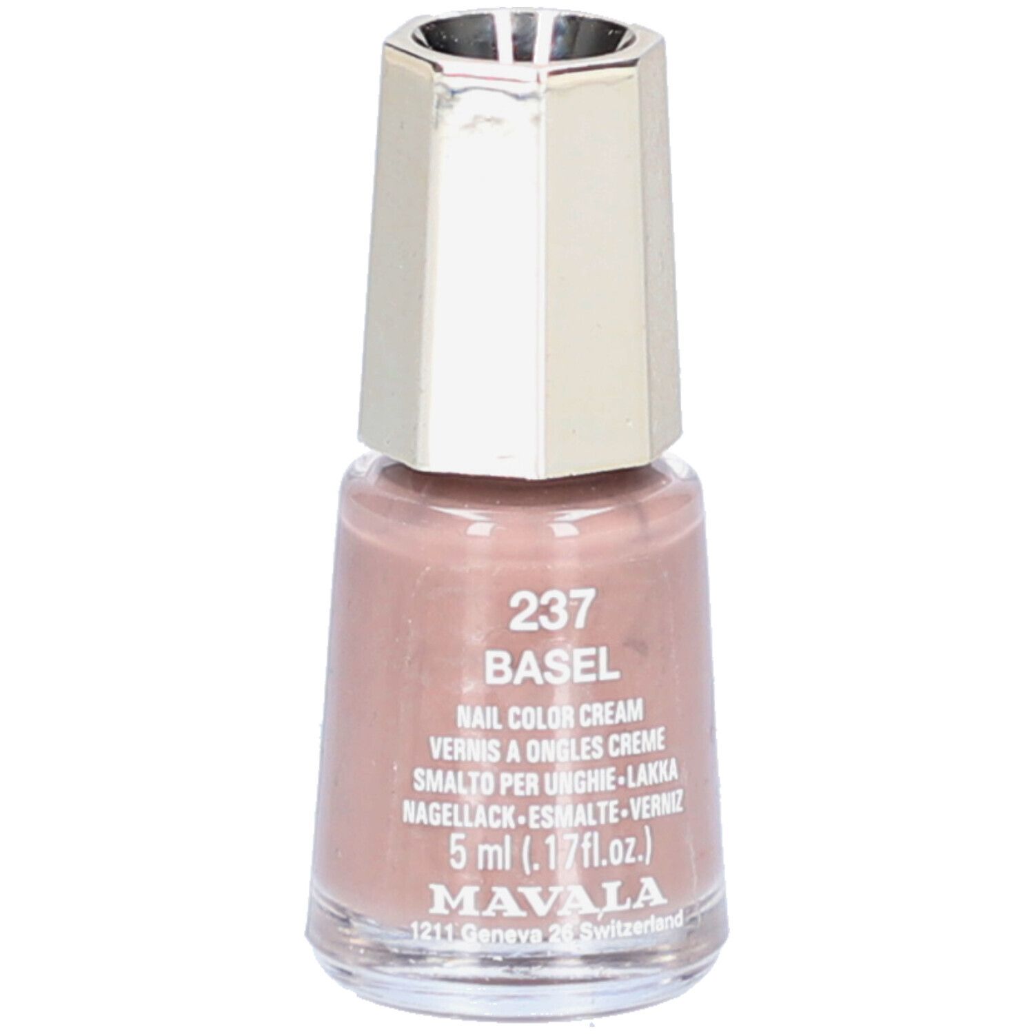 Nagellackflasche mit rosafarbenem Inhalt. Silberfarbener Deckel. Aufschrift: 237 BASEL, Nail Color Cream, 5 ml.