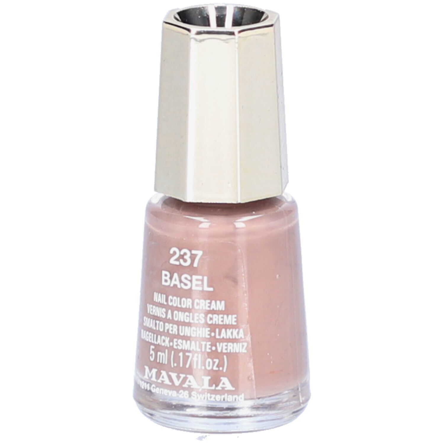 Nagellackflasche mit rosafarbenem Inhalt. Silberfarbener Deckel. Aufschrift: 237 BASEL, Nail Color Cream, 5 ml.