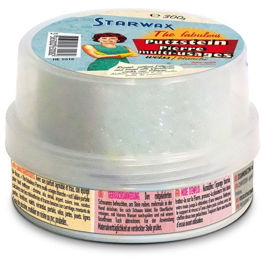 Runde Dose mit STARWAX-Produkt. Aufschrift: Weißer Mehrzweckstein. Deckel mit Produktbild und Text. Inhalt sichtbar.