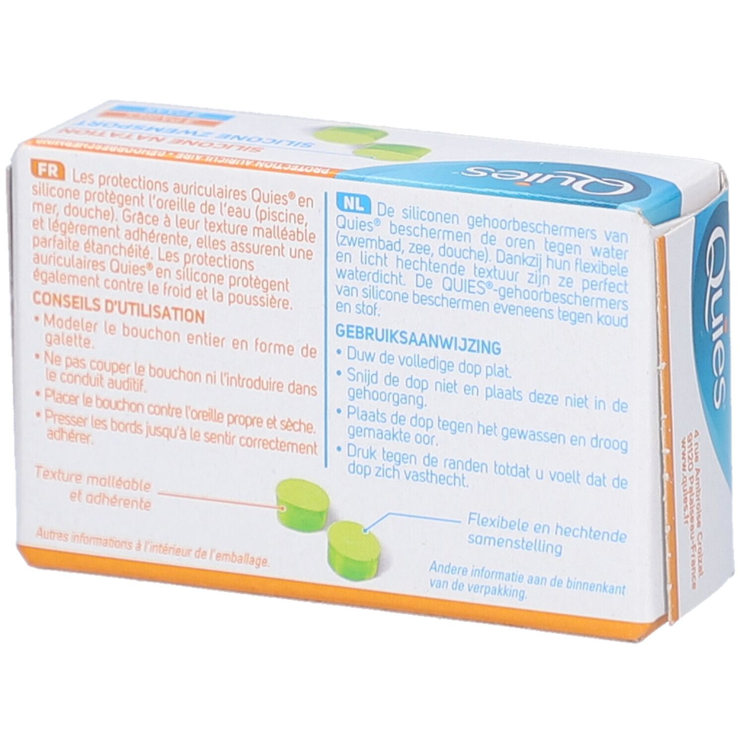 Dos de l'emballage de protection auditive QUIES. Texte en français et néerlandais. Illustration de bouchons d'oreille.