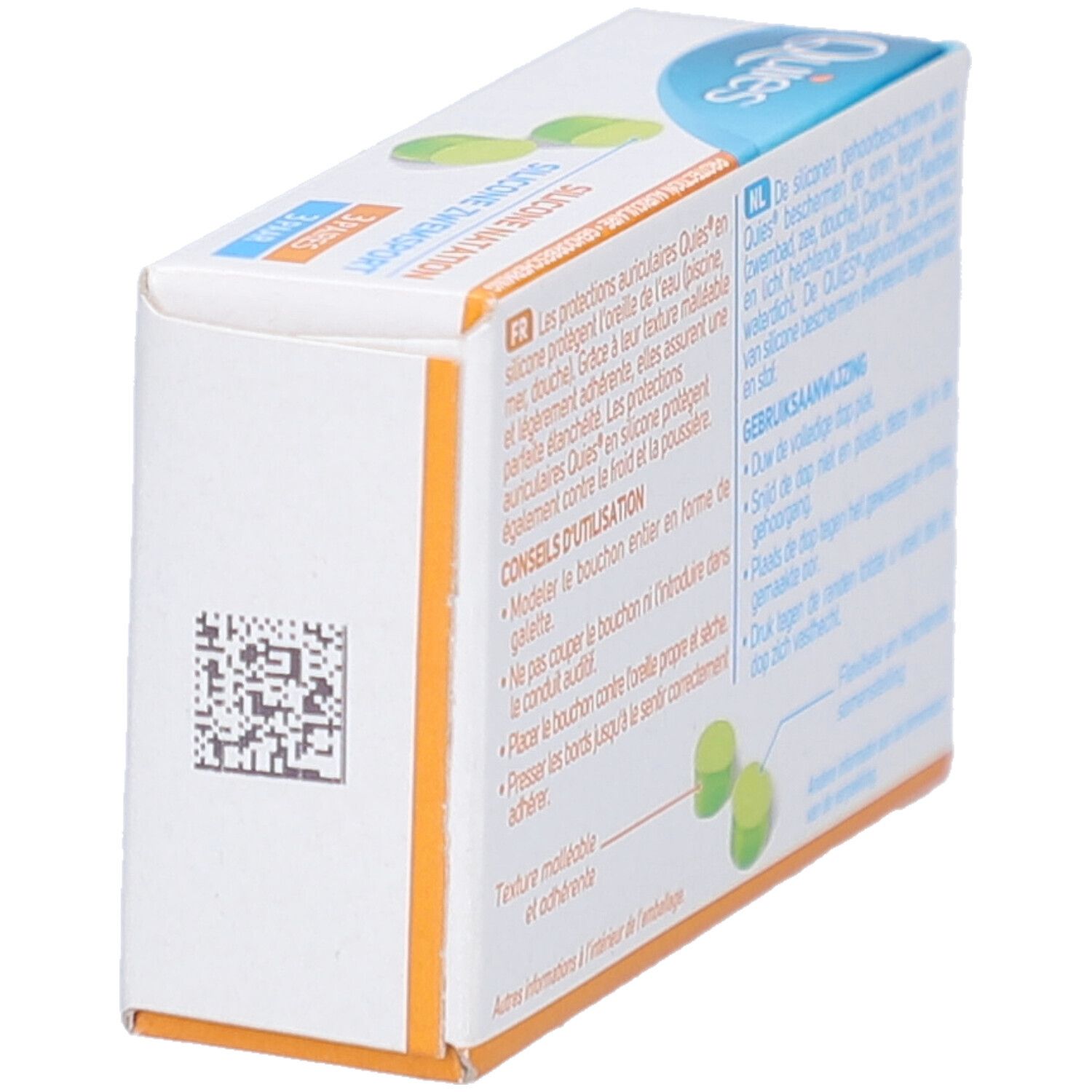 Emballage de protection auditive QUIES. Boîte bleue et blanche avec texte et code QR. Vue latérale.