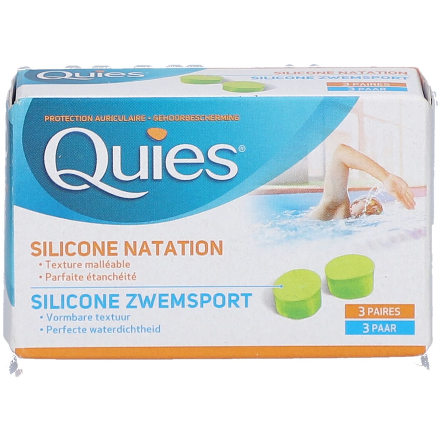 Boîte de protection auditive QUIES. Boîte blanche et bleue avec image et texte. 3 paires de bouchons d'oreille.