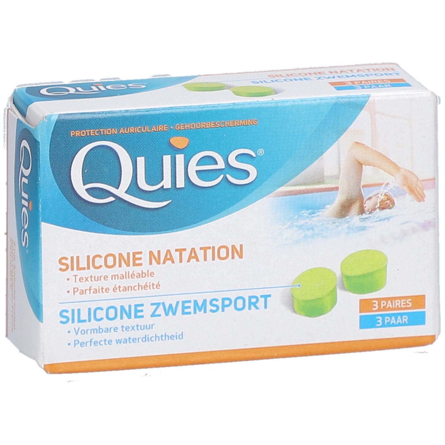 Boîte de protection auditive QUIES. Boîte blanche et bleue avec image et texte. 3 paires de bouchons d'oreille.