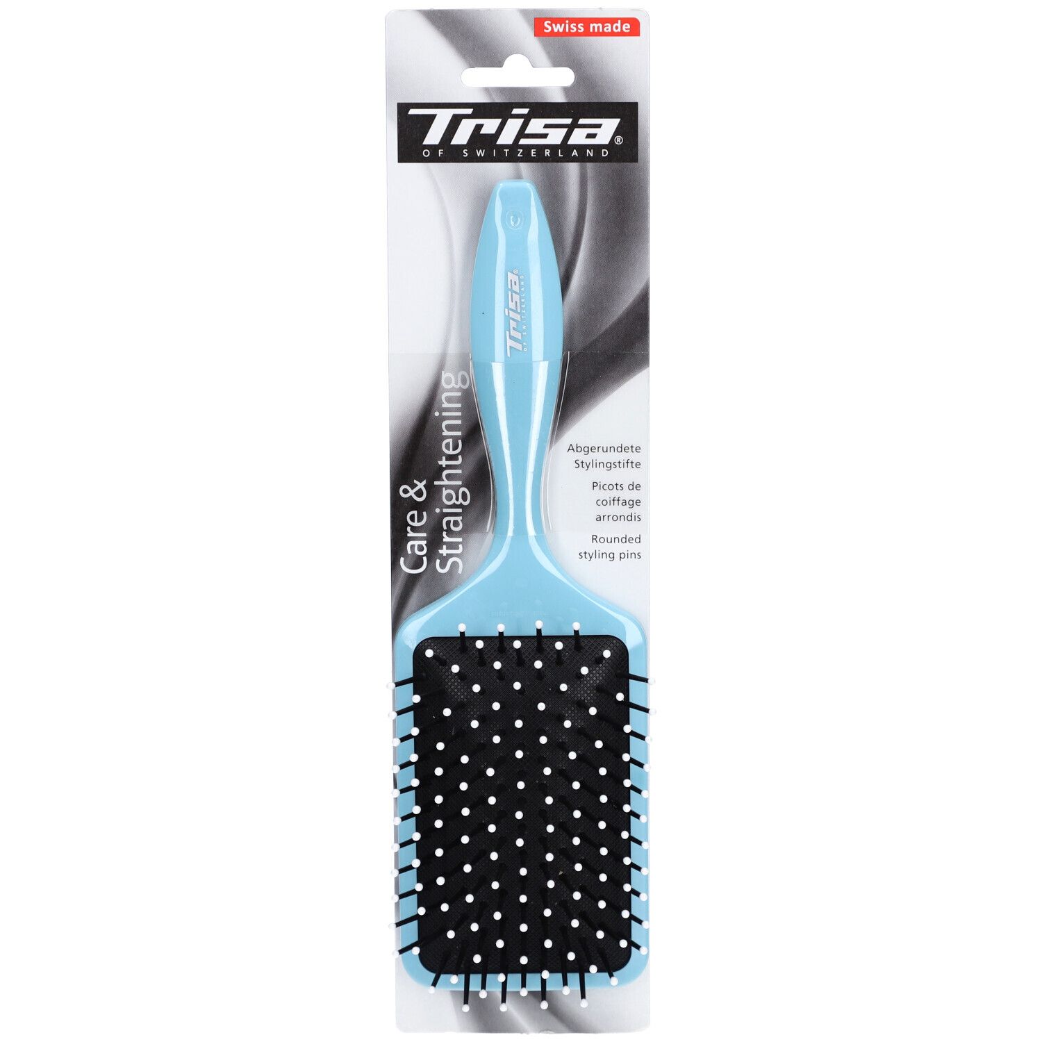 Brosse à cheveux plate bleu clair avec tête noire. Manche avec logo. Label "Swiss made".