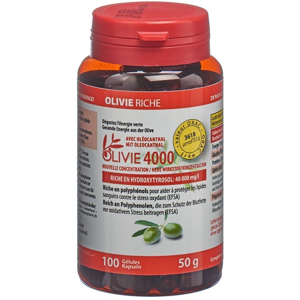 Braune Flasche mit rotem Deckel. Aufschrift OLIVIE RICHE, OLIVIE 4000. Enthält 100 Kapseln. Mit Oliven-Abbildung.