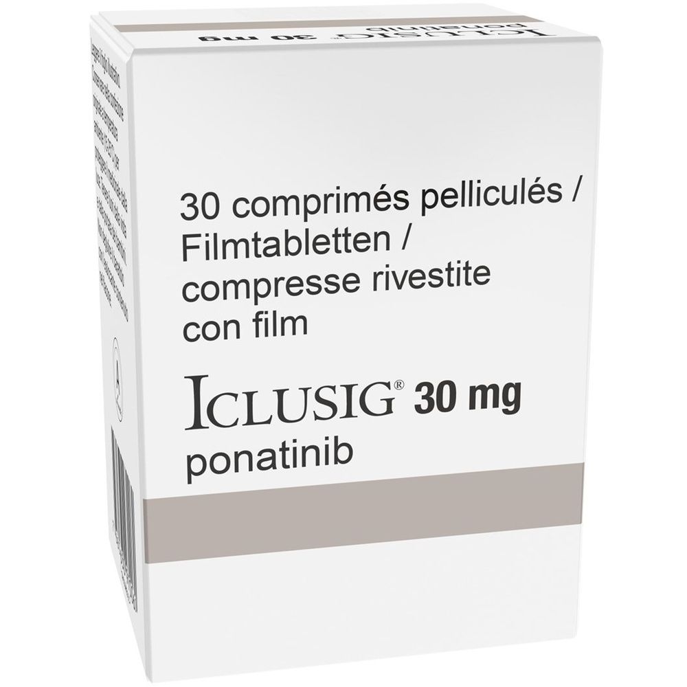 Weiße Schachtel mit Aufschrift: 30 comprimés pelliculés, ICLUSIG 30 mg, ponatinib. Mehrsprachige Angaben.