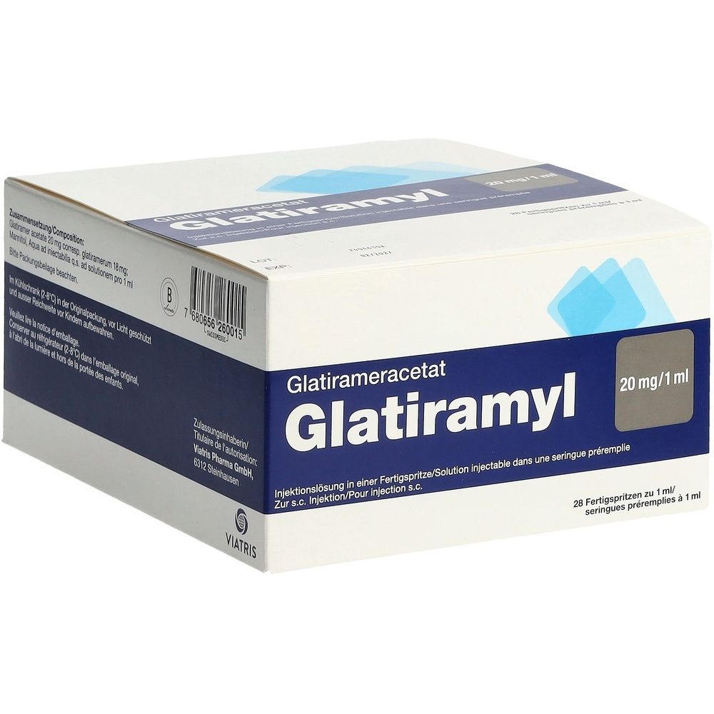 Boîte avec impression du produit. Couleurs bleu et blanc. Inscription : Glatiramyl.