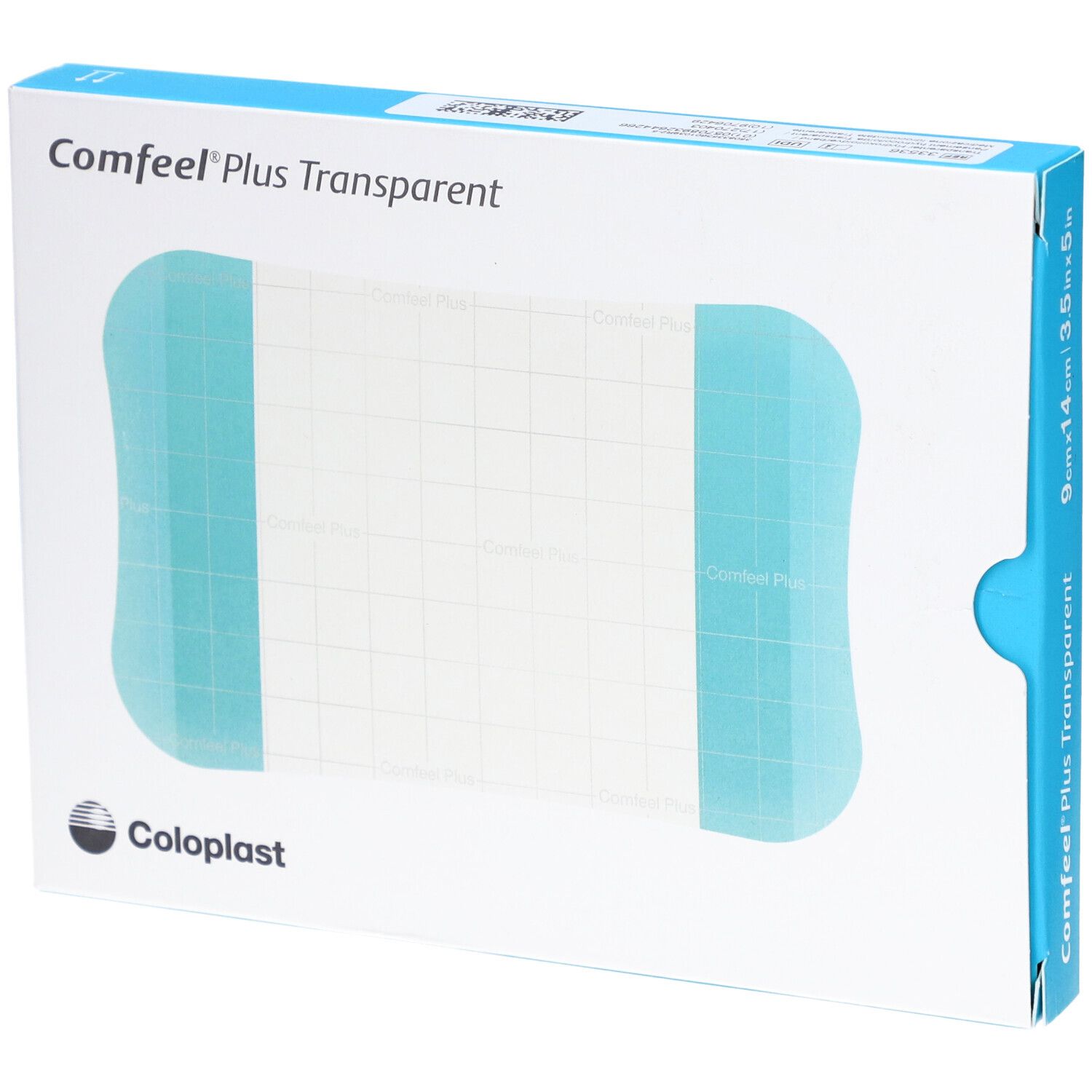 Emballage de Comfeel Plus Transparent Hydro Verb. 9x14cm. Visible : produit, accents bleus, marque Coloplast.