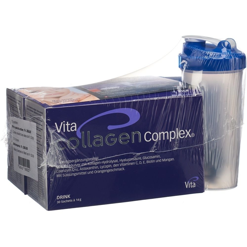 Verpackung von Vita Collagen Complex mit Shaker. Blaue und weiße Verpackung. Text: Drink, 30 Sachets x 14g.
