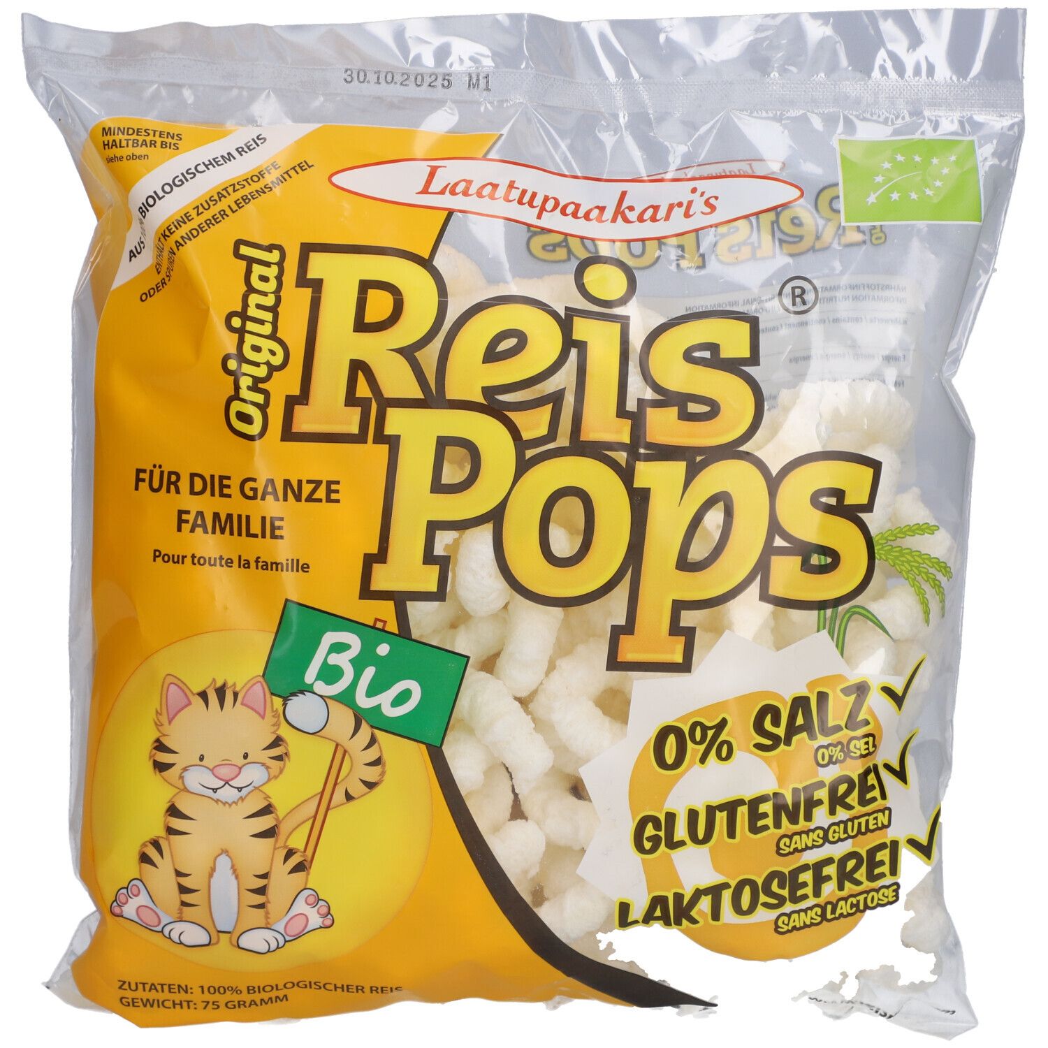 Verpackung ReisPops, gelb-transparent, mit Produktname und Bio-Siegel. Enthält gepufften Reis. Aufdruck: Glutenfrei, laktosefrei.
