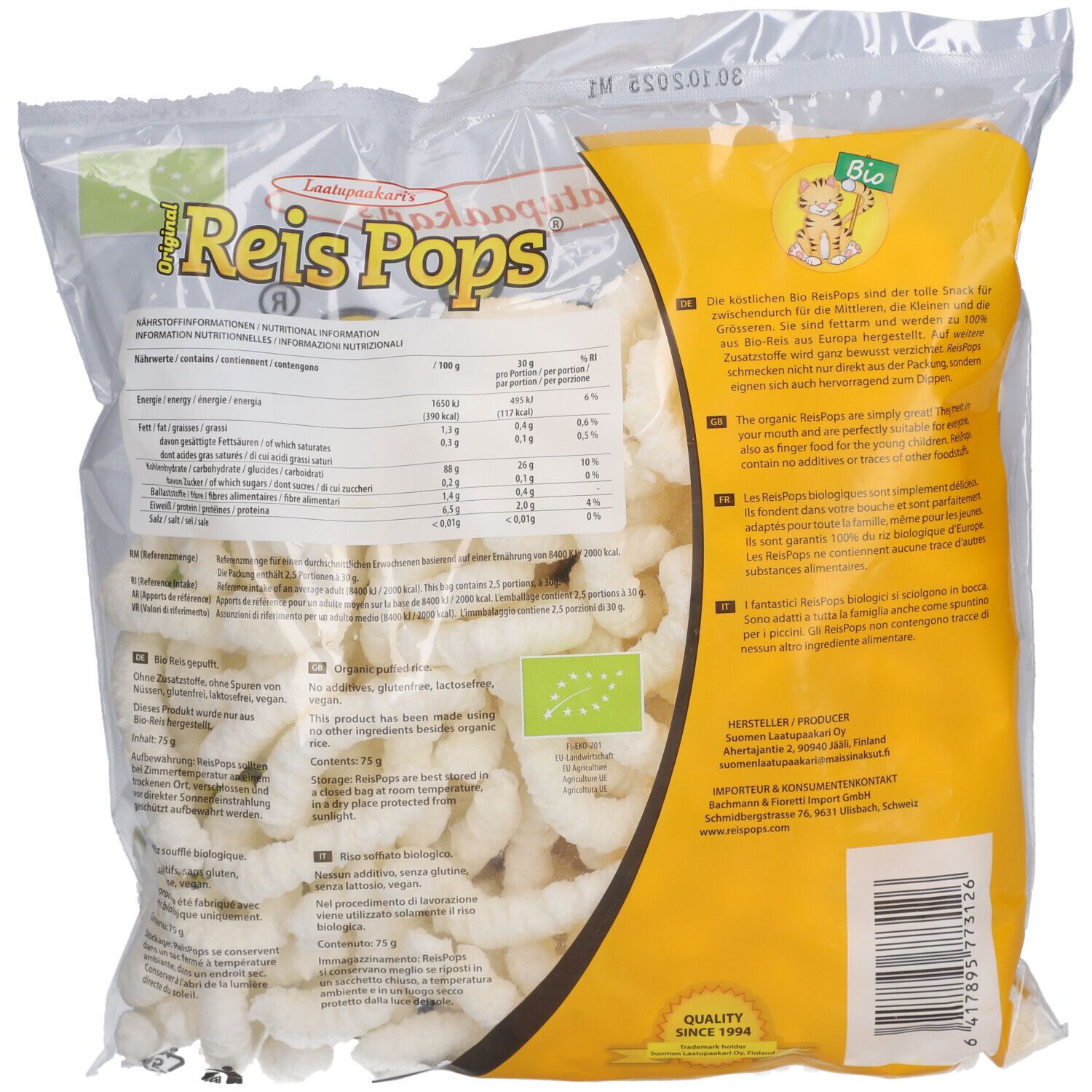 Rückseite der ReisPops-Verpackung. Enthält Nährwertangaben und Text. Bio-Siegel. Gepuffter Reis sichtbar.