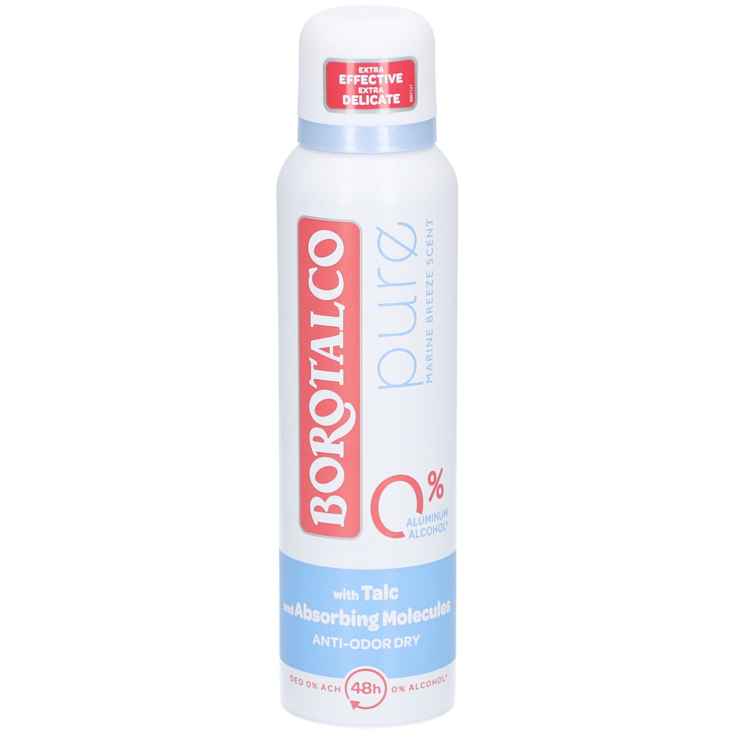 Flacon de déodorant. Blanc, avec lettrage rouge et bleu. Logo BOROTALCO. "Pure" et "0% Aluminium Alcohol".