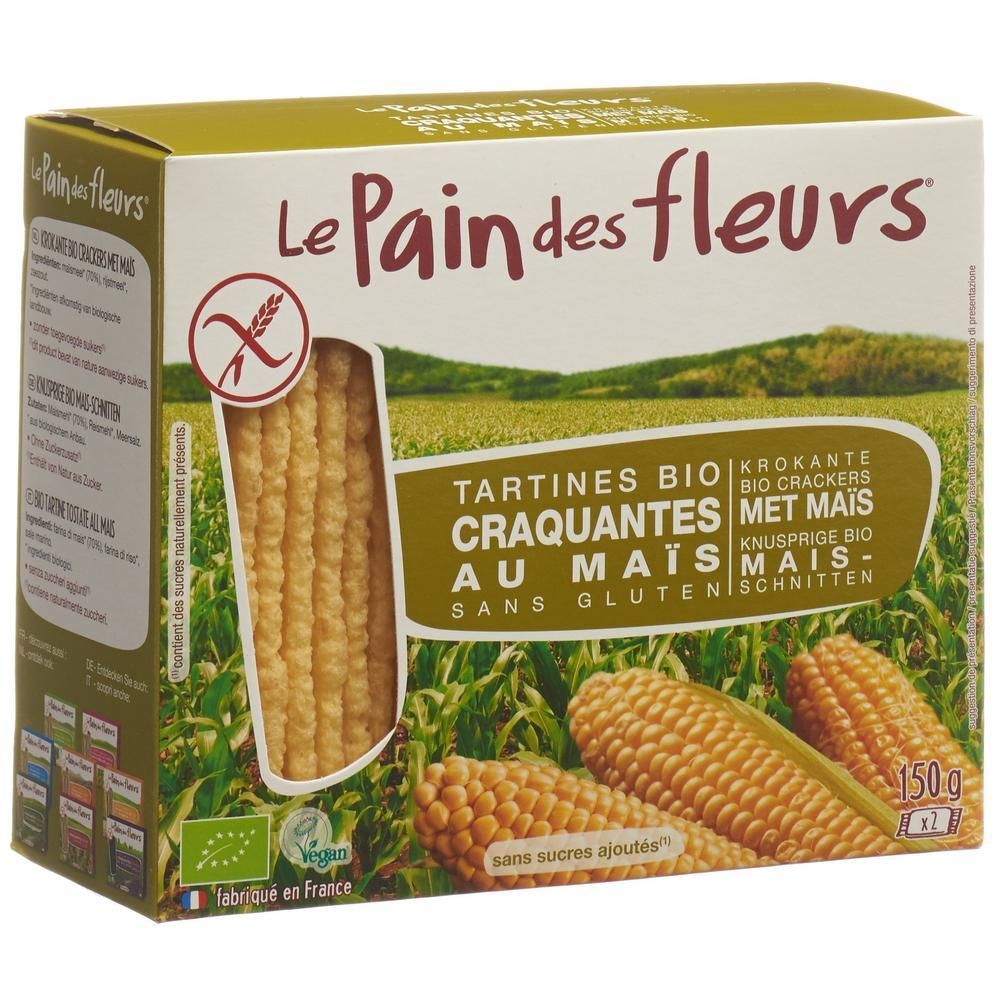 Boîte de Le Pain des Fleurs Tartines croustillantes bio au maïs. Tartines craquantes au maïs, sans gluten, avec maïs et logo.